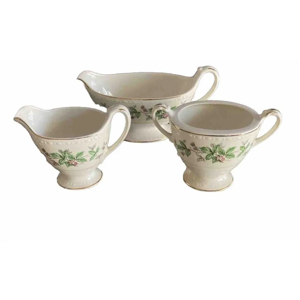 Vintage Homer Laughlin Eggshell Georgian GREENBRIAR Creamer /Sugar & Gravy Boat
